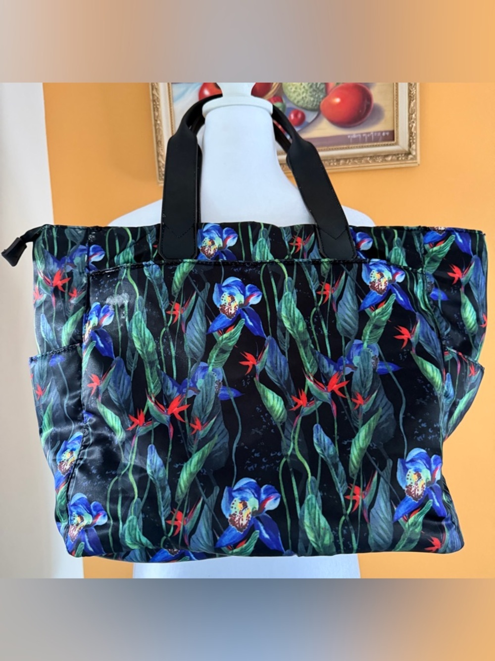 Aimee Kestenberg Black Floral Tote with Blue, Green & Red Accents